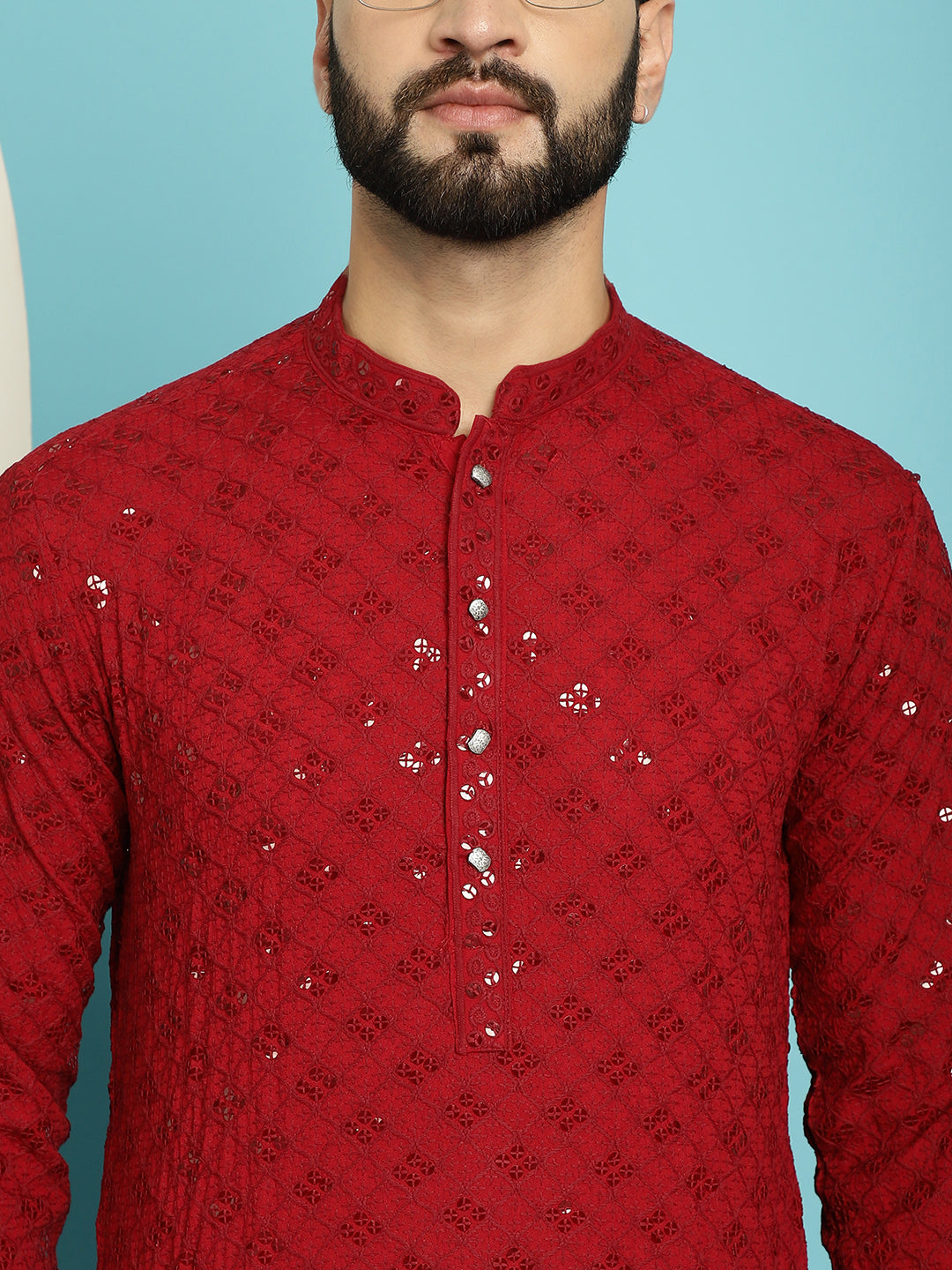 Men's Pure Cotton Maroon Embroidered 4Booti Sequence Kurta