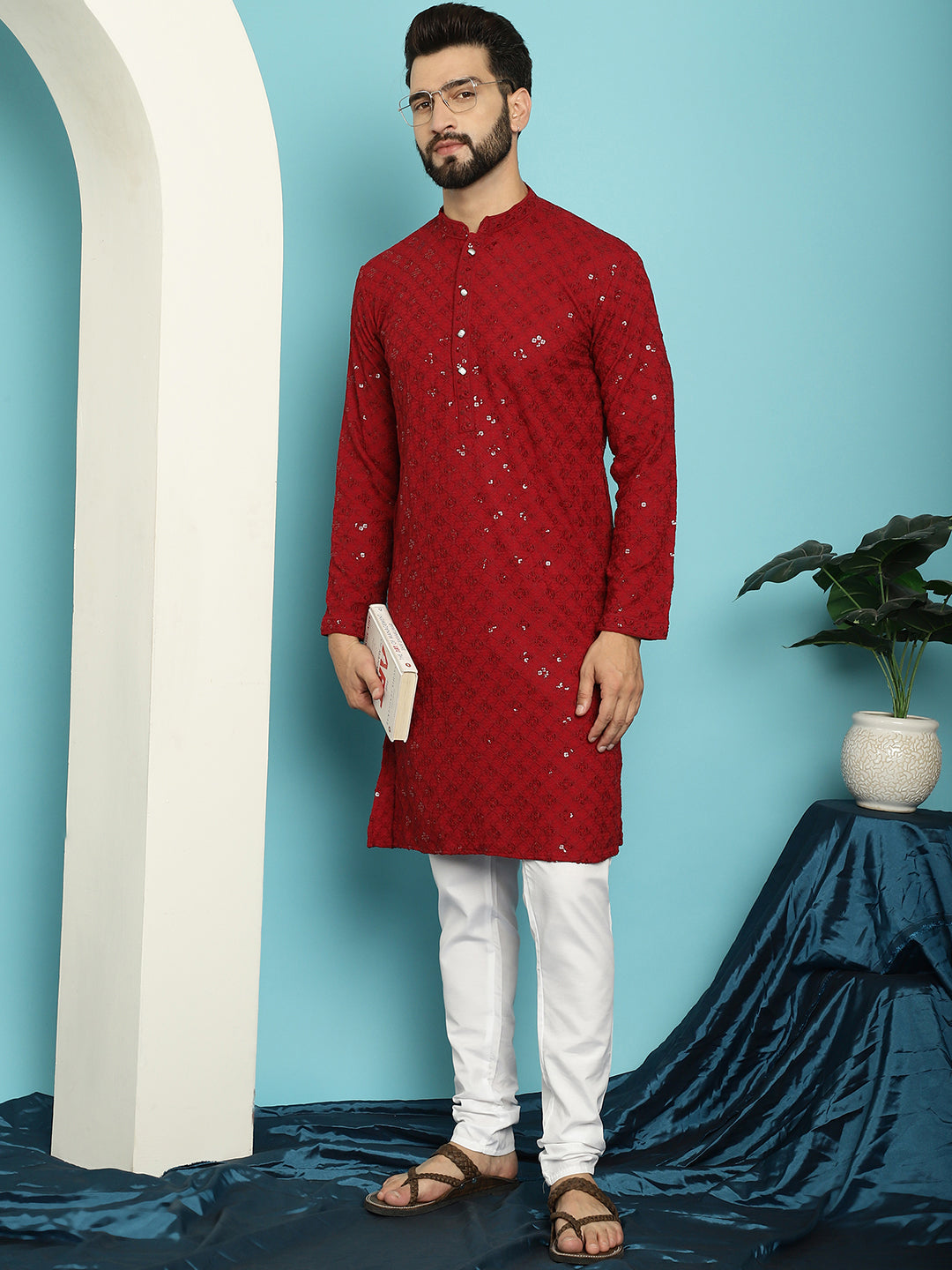 Men's Pure Cotton Maroon Embroidered 4Booti Sequence Kurta