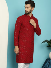 Men's Pure Cotton Maroon Embroidered 4Booti Sequence Kurta