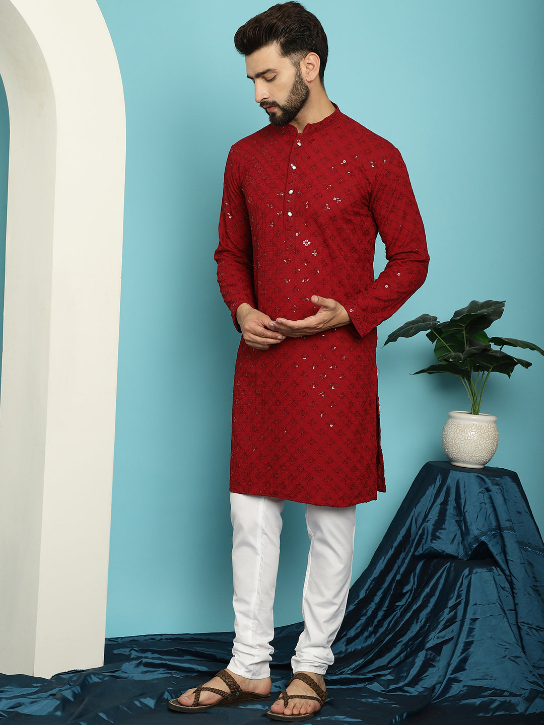 Men's Sequence Maroon Cotton Kurta and White Pyjama