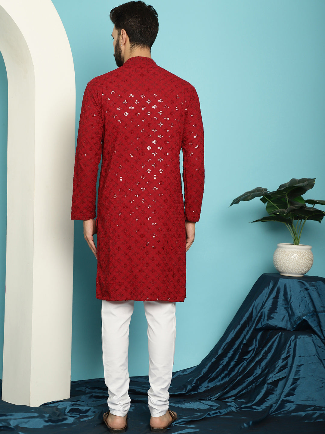 Men's Sequence Maroon Cotton Kurta and White Pyjama