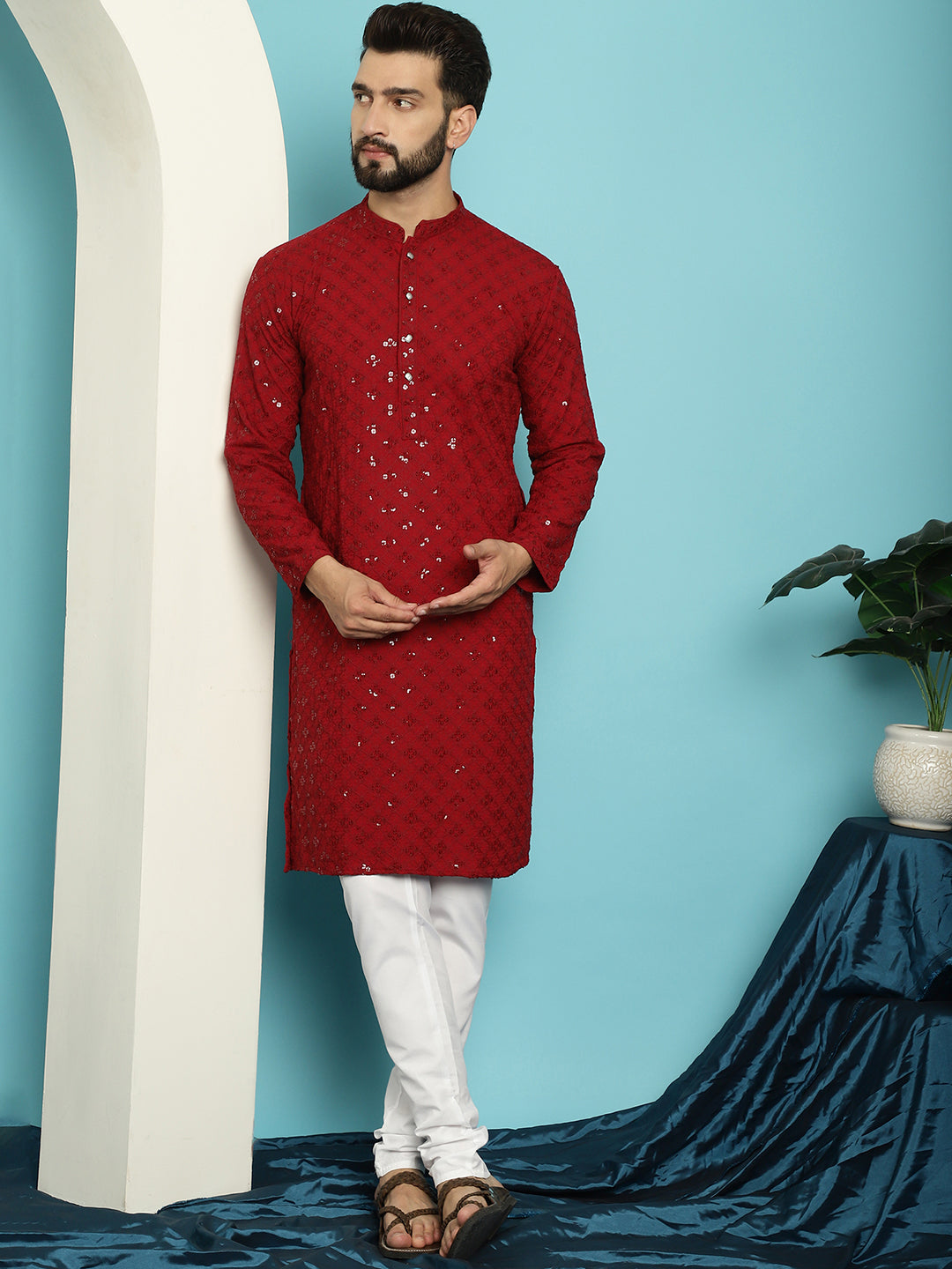 Men's Sequence Maroon Cotton Kurta and White Pyjama