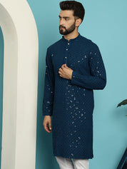 Men's Pure Cotton Teal Blue Embroidered 4Booti Sequence Kurta