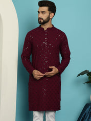 Men's Pure Cotton Purple Embroidered 4Booti Sequence Kurta