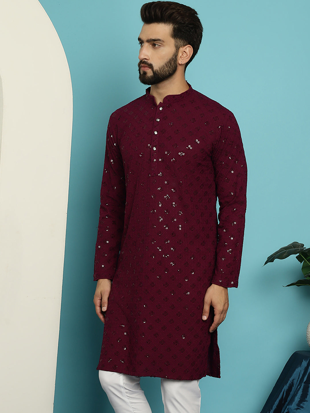 Men's Pure Cotton Purple Embroidered 4Booti Sequence Kurta