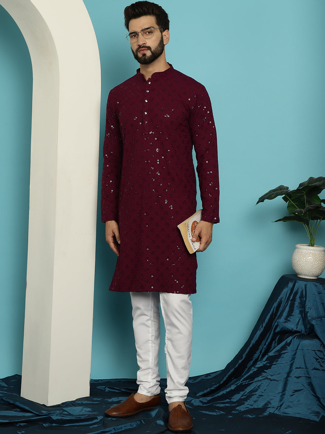 Men's Pure Cotton Purple Embroidered 4Booti Sequence Kurta