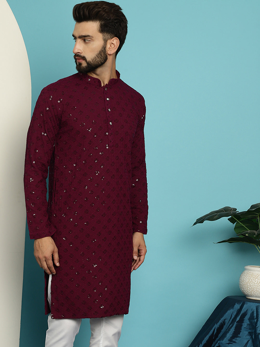 Men's Pure Cotton Purple Embroidered 4Booti Sequence Kurta