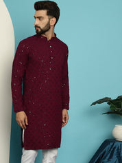 Men's Pure Cotton Purple Embroidered 4Booti Sequence Kurta