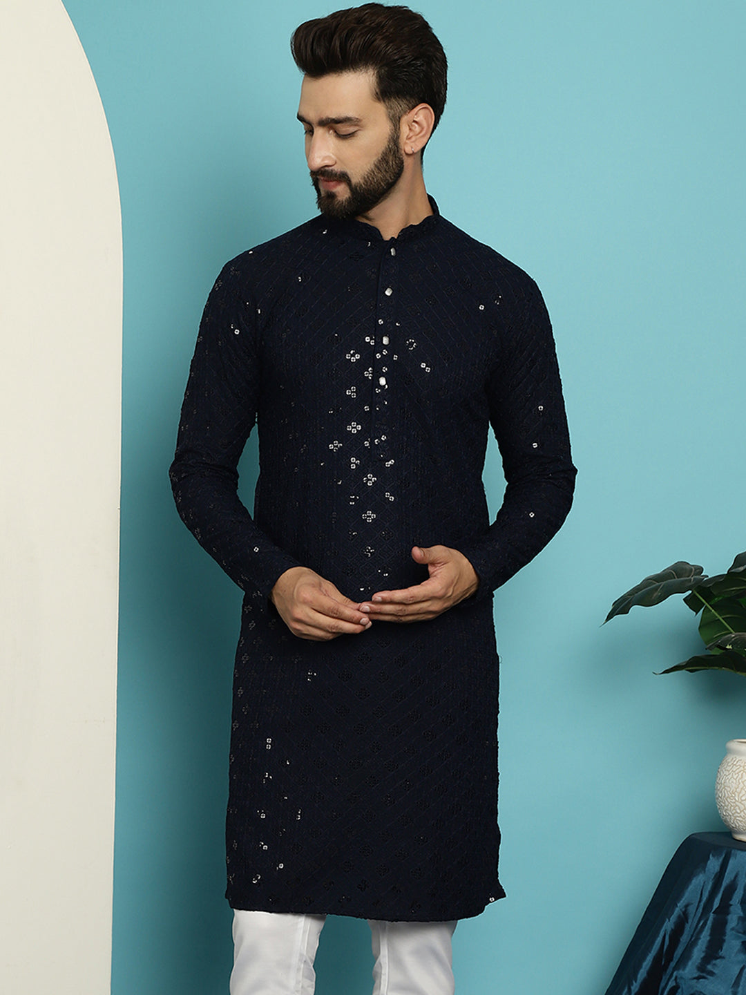 Men's Pure Cotton Navy Blue Embroidered 4Booti Sequence Kurta