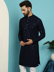 Men's Pure Cotton Navy Blue Embroidered 4Booti Sequence Kurta