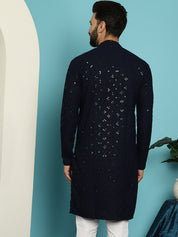 Men's Pure Cotton Navy Blue Embroidered 4Booti Sequence Kurta