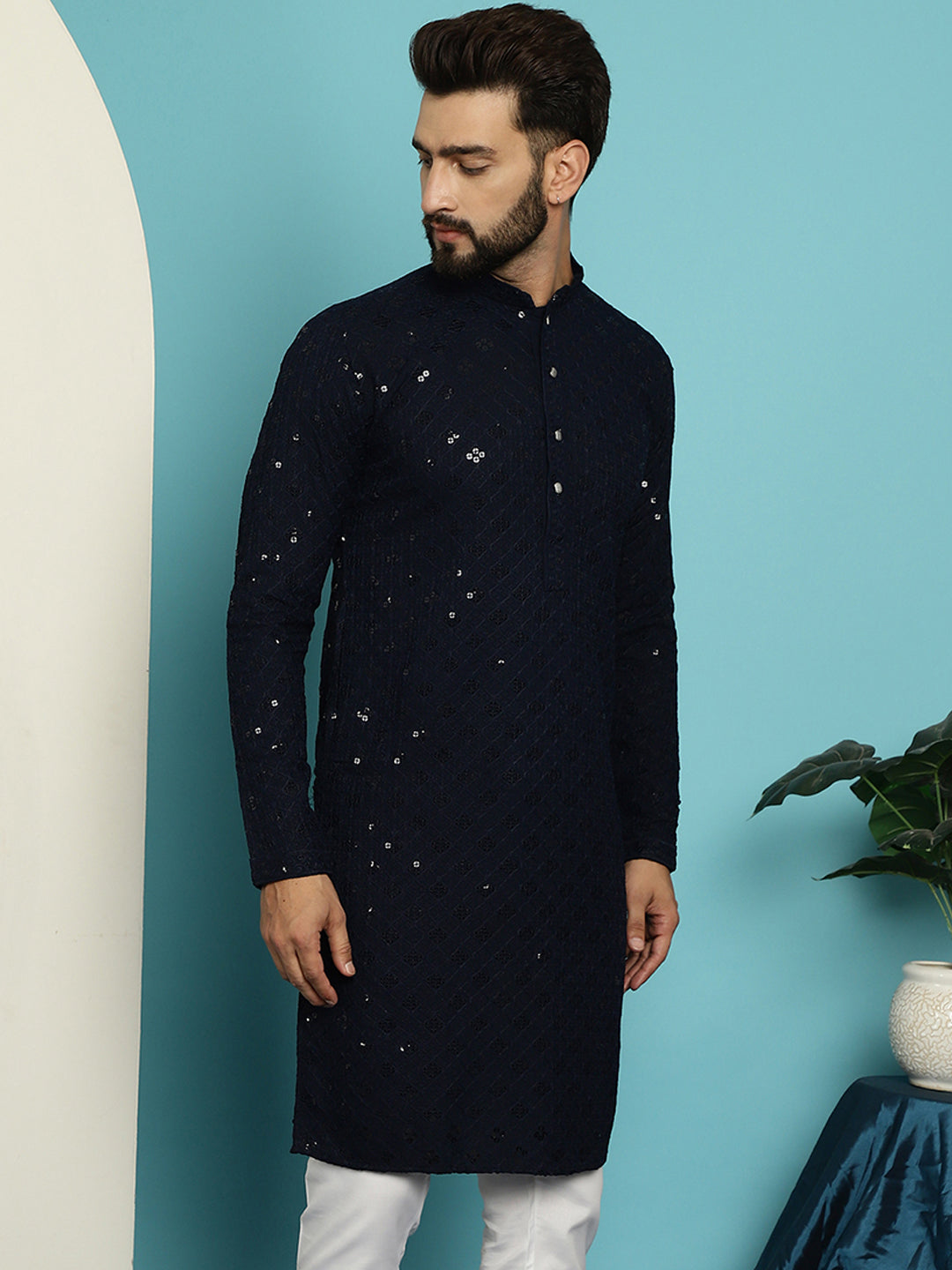 Men's Pure Cotton Navy Blue Embroidered 4Booti Sequence Kurta