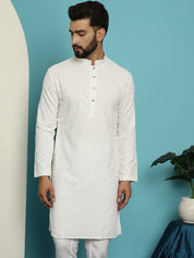 Men's Pure Cotton White Embroidered 4Booti Sequence Kurta