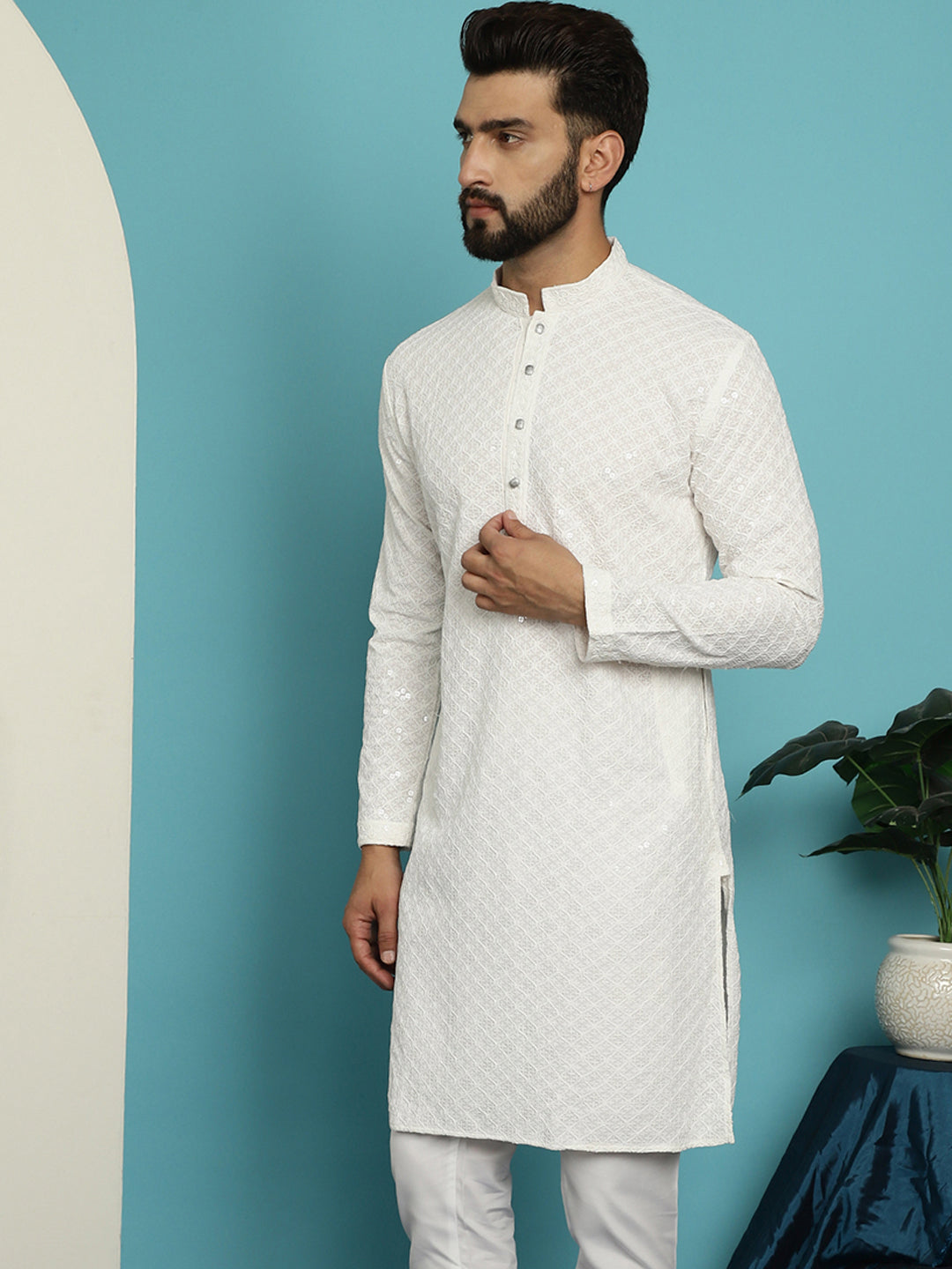 Men's Pure Cotton White Embroidered 4Booti Sequence Kurta