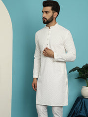 Men's Pure Cotton White Embroidered 4Booti Sequence Kurta