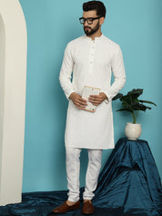 Men's Pure Cotton White Embroidered 4Booti Sequence Kurta