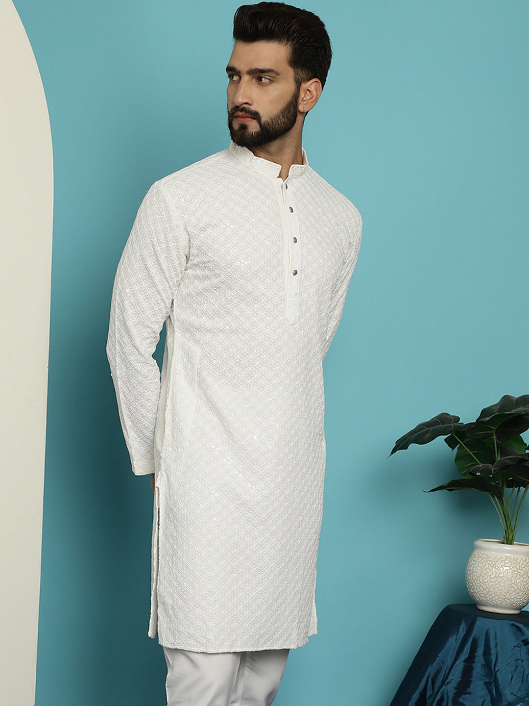 Men's Pure Cotton White Embroidered 4Booti Sequence Kurta