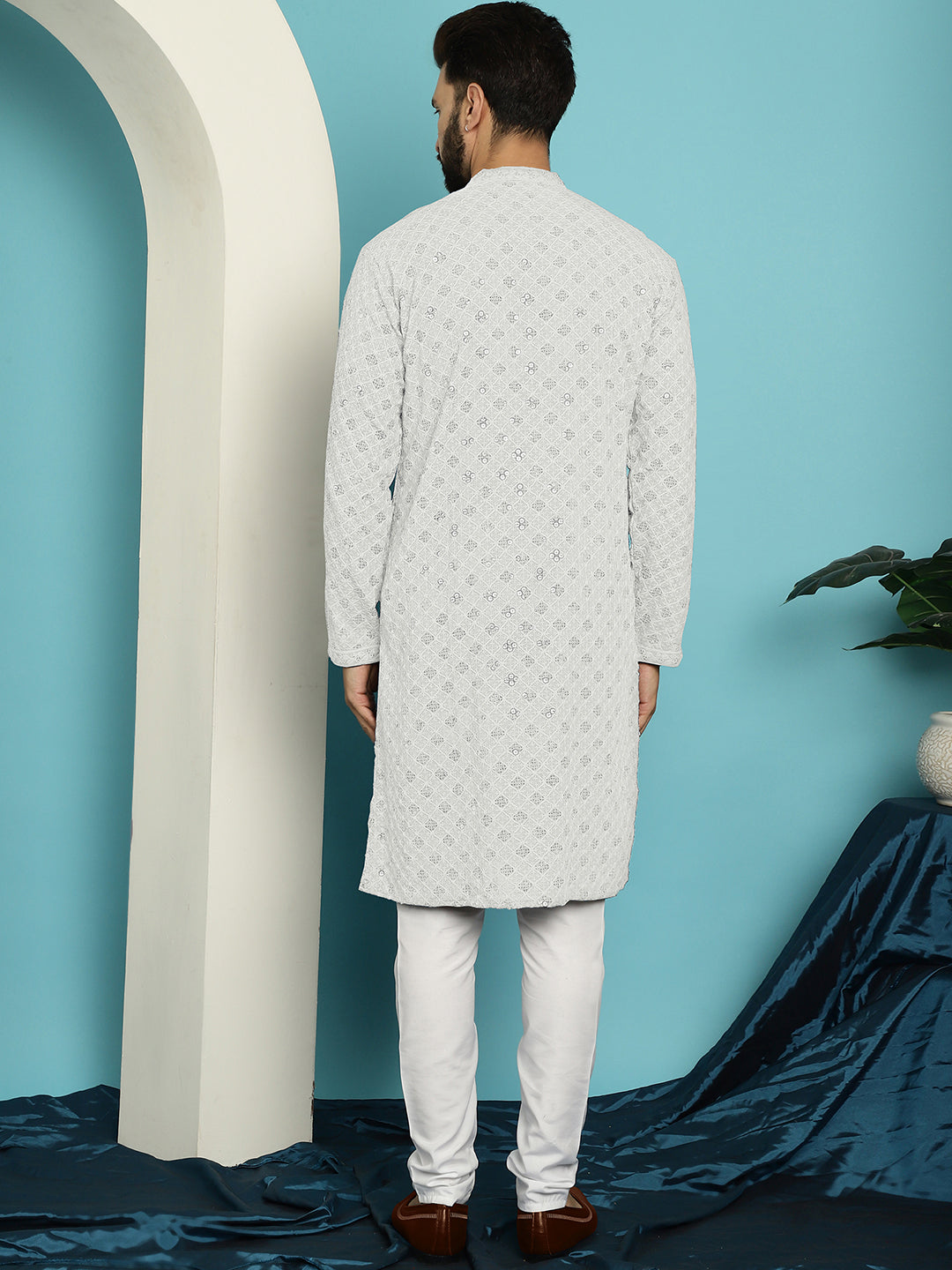 Men's Sequence White Cotton Kurta and White Pyjama