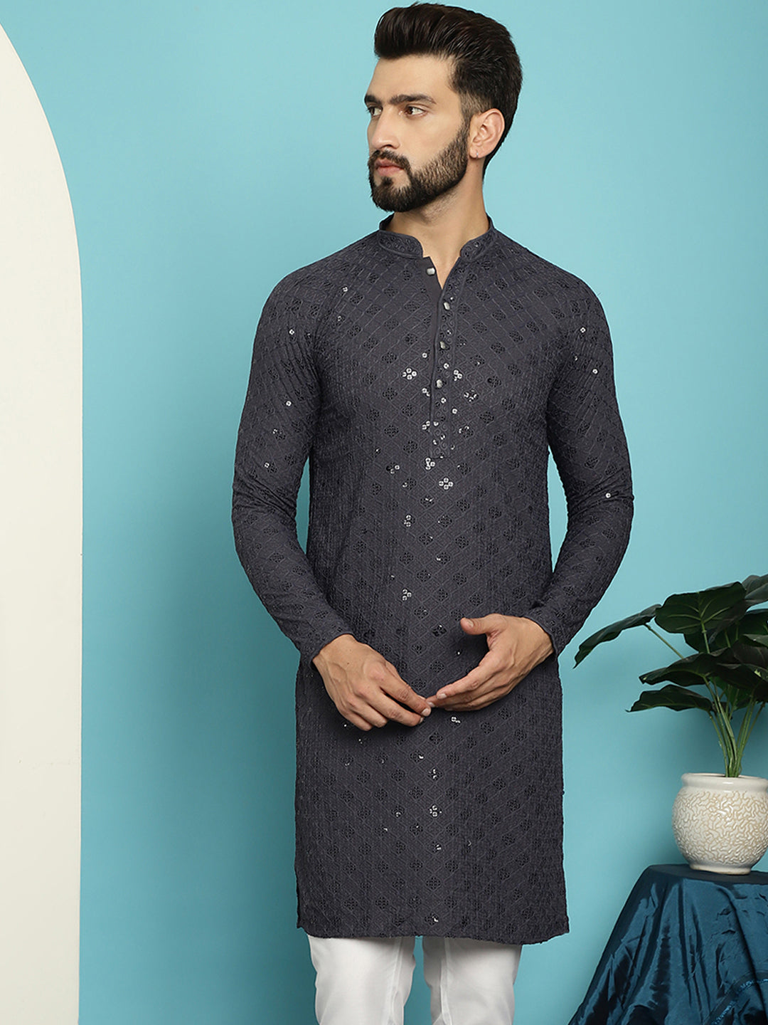 Men's Pure Cotton Grey Embroidered 4Booti Sequence Kurta