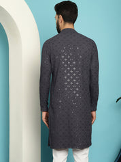 Men's Pure Cotton Grey Embroidered 4Booti Sequence Kurta