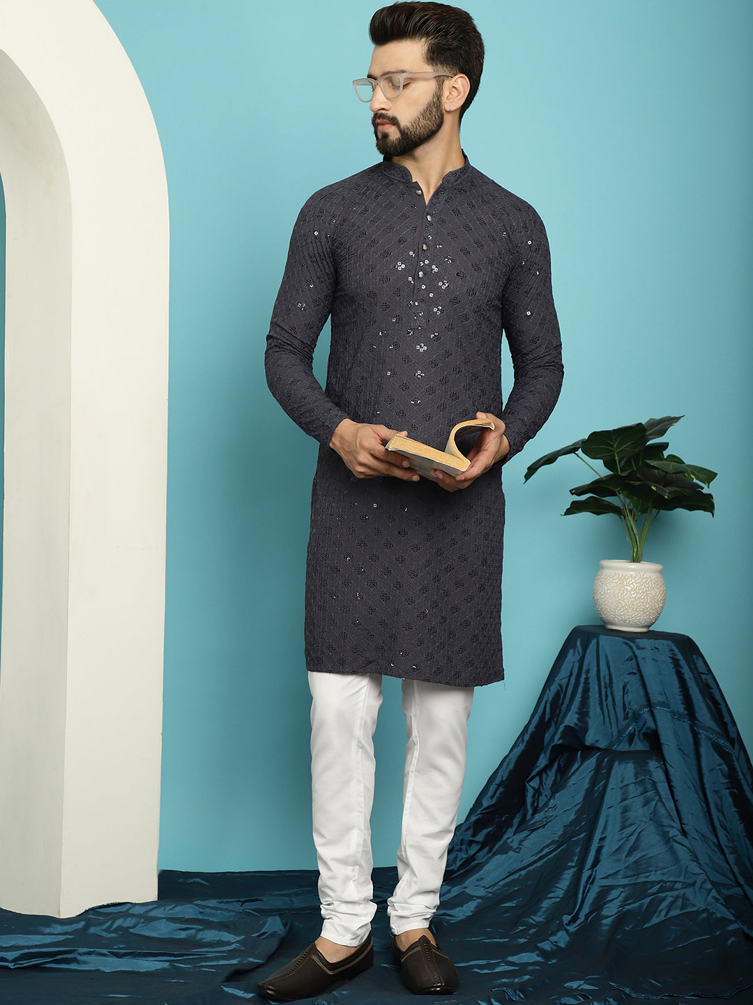 Men's Sequence Grey Cotton Kurta and White Pyjama