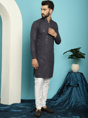 Men's Sequence Grey Cotton Kurta and White Pyjama