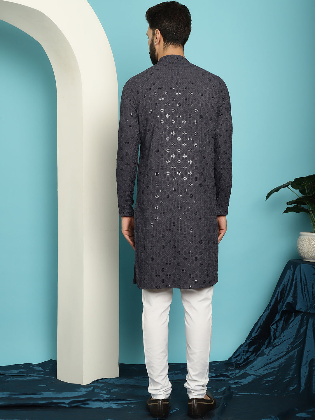 Men's Sequence Grey Cotton Kurta and White Pyjama