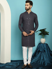 Men's Sequence Grey Cotton Kurta and White Pyjama