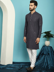 Men's Sequence Grey Cotton Kurta and White Pyjama