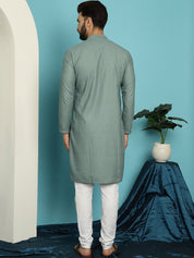 Men's Thread Work Cotton Straight Sea Green Kurta With white churidar