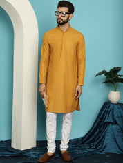 Men's Thread Work Cotton Straight Mustard Kurta With white churidar