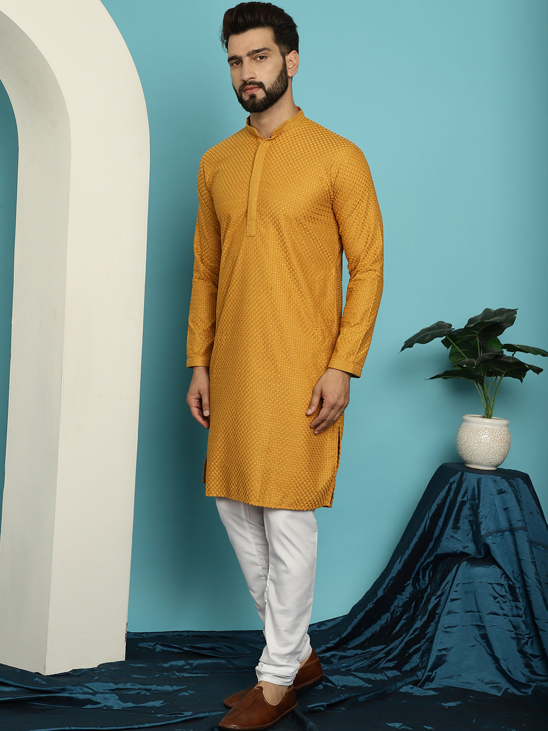 Men's Thread Work Cotton Straight Mustard Kurta With white churidar