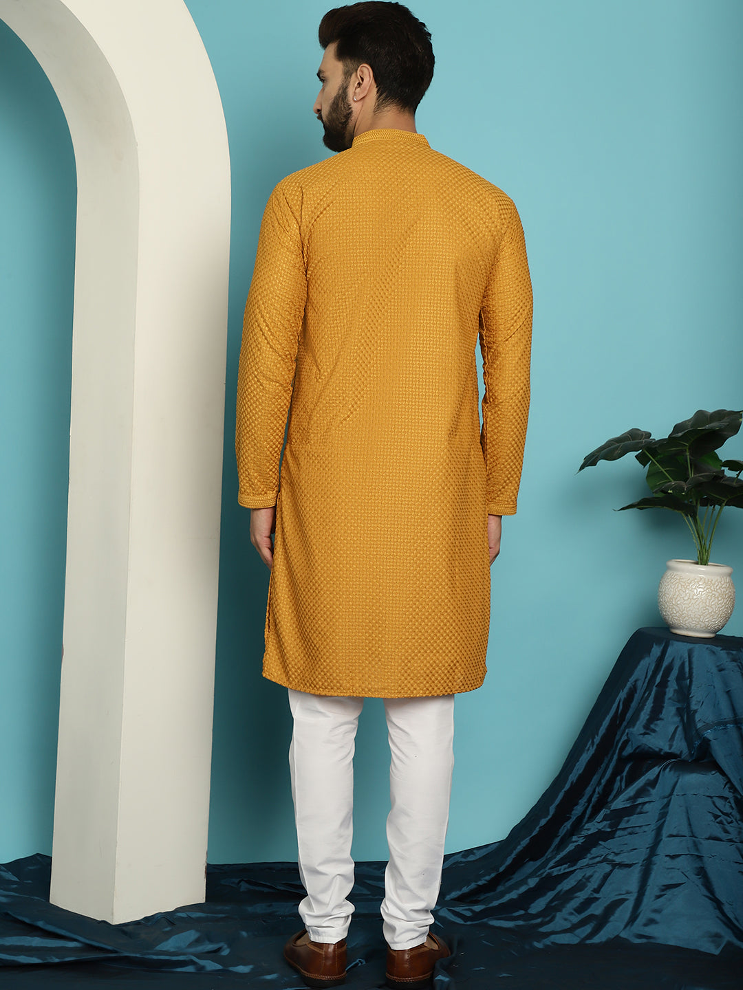 Men's Thread Work Cotton Straight Mustard Kurta With white churidar