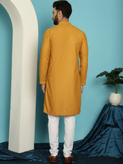 Men's Thread Work Cotton Straight Mustard Kurta With white churidar