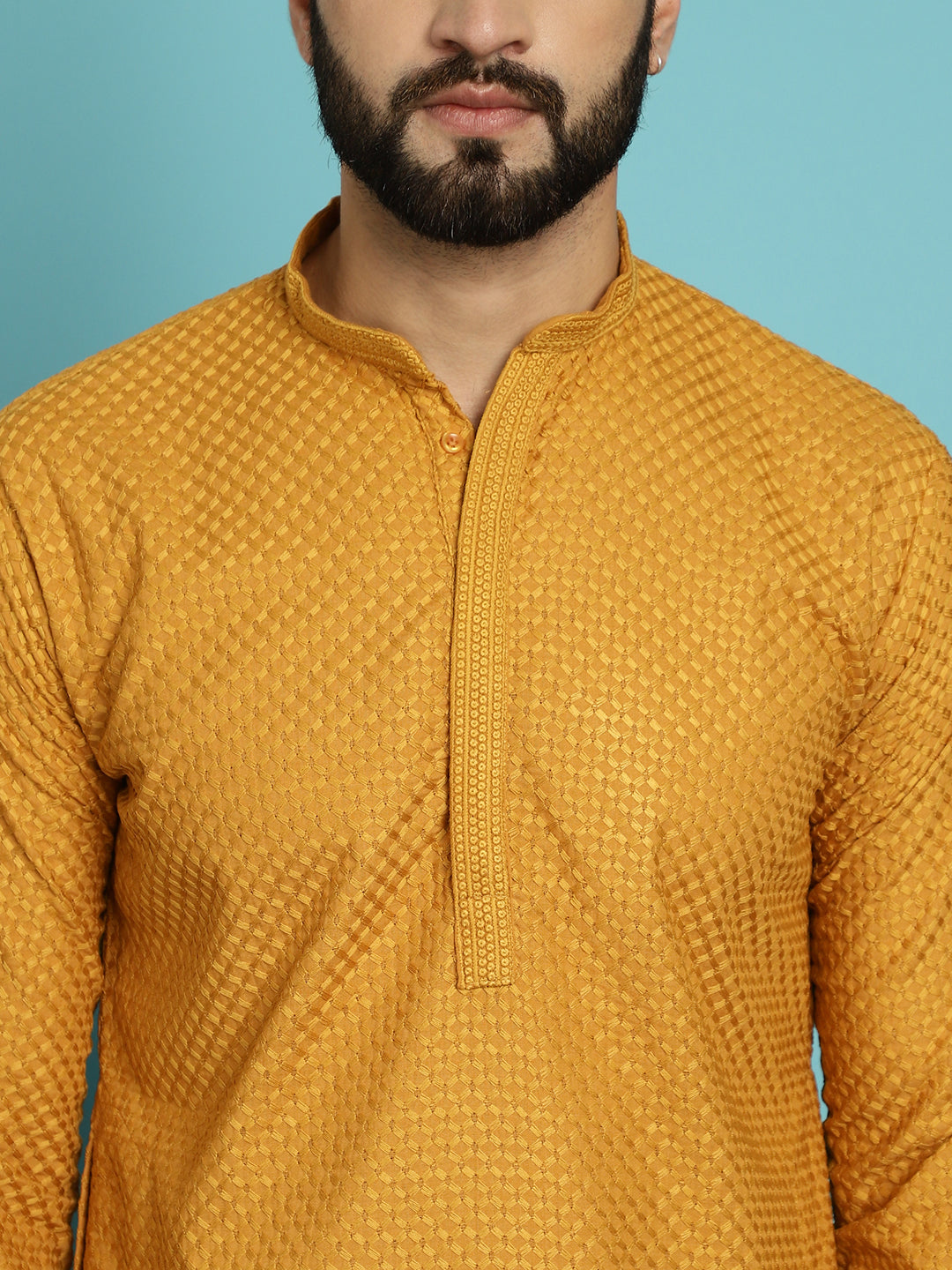 Men's Thread Work Cotton Straight Mustard Kurta With white churidar