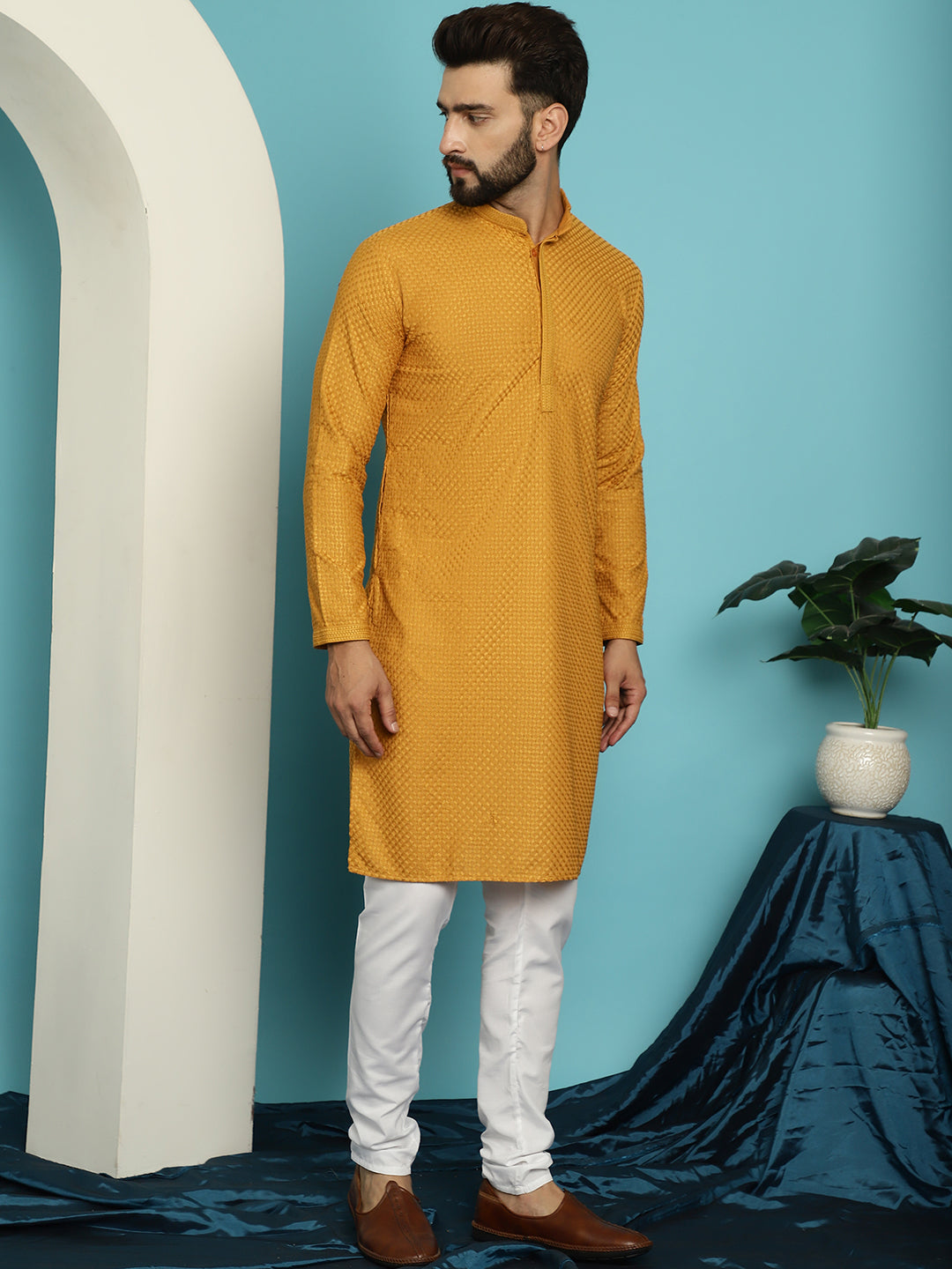 Men's Thread Work Cotton Straight Mustard Kurta With white churidar