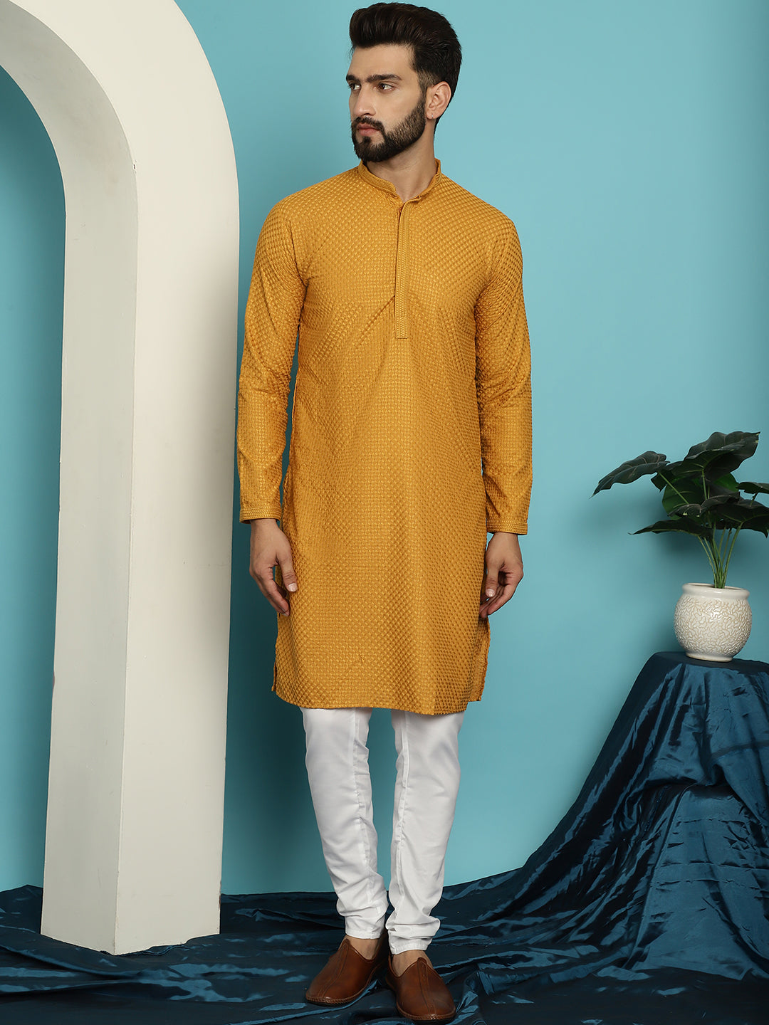 Men's Thread Work Cotton Straight Mustard Kurta With white churidar