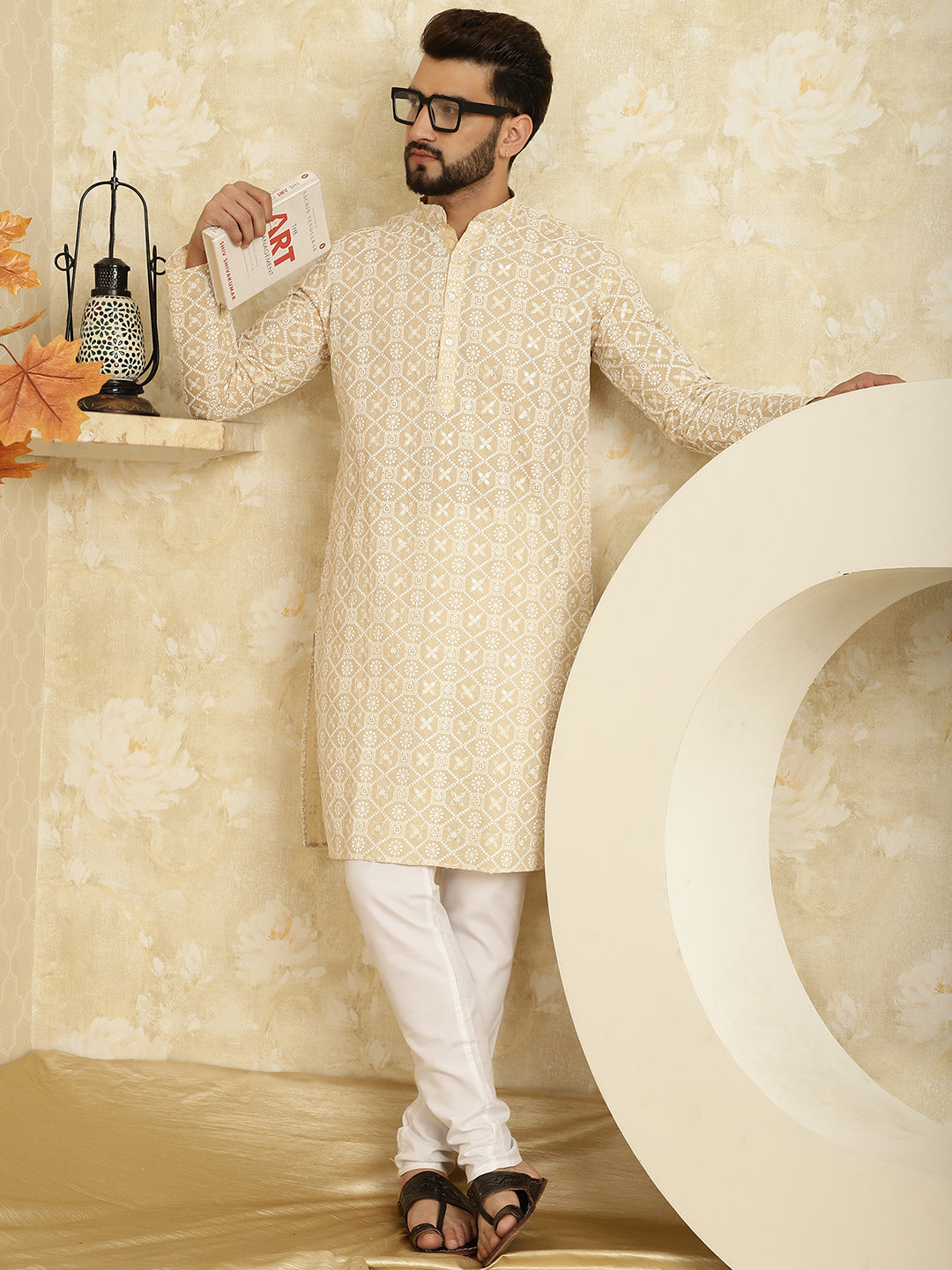 Men's Embroidered Thread Work Cotton Beige Kurta with Churidar