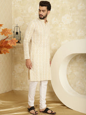 Men's Embroidered Thread Work Cotton Beige Kurta with Churidar