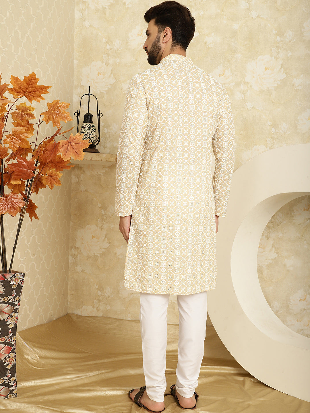 Men's Embroidered Thread Work Cotton Beige Kurta with Churidar