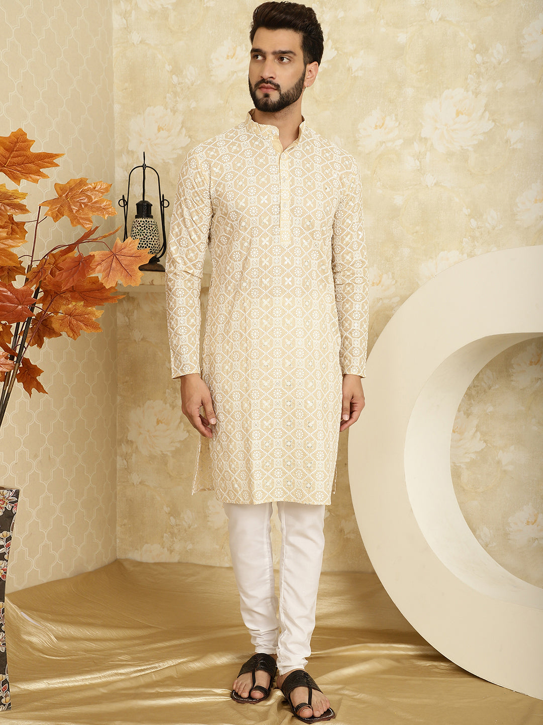 Men's Embroidered Thread Work Cotton Beige Kurta with Churidar