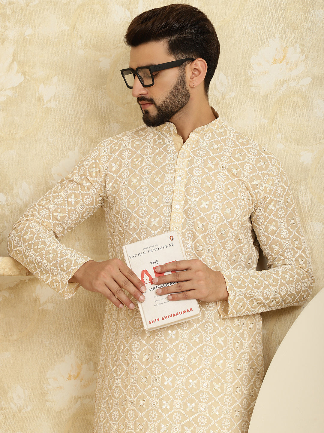 Men's Embroidered Thread Work Cotton Beige Kurta with Churidar