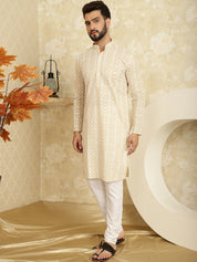 Men's Embroidered Thread Work Cotton Beige Kurta with Churidar