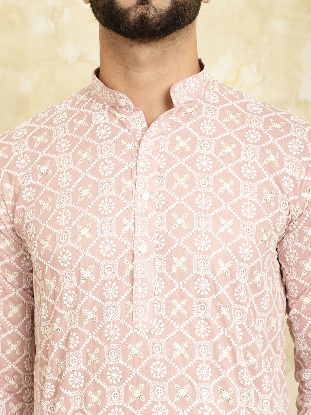 Men's Embroidered Thread Work Cotton Pink Kurta with Churidar