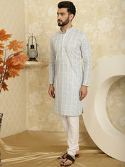Men's Embroidered Thread Work Cotton Grey Kurta with Churidar