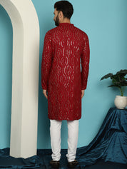 Men's Sequinned Cotton Maroon Kurta With Churidar