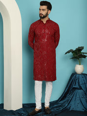 Men's Sequinned Cotton Maroon Kurta With Churidar