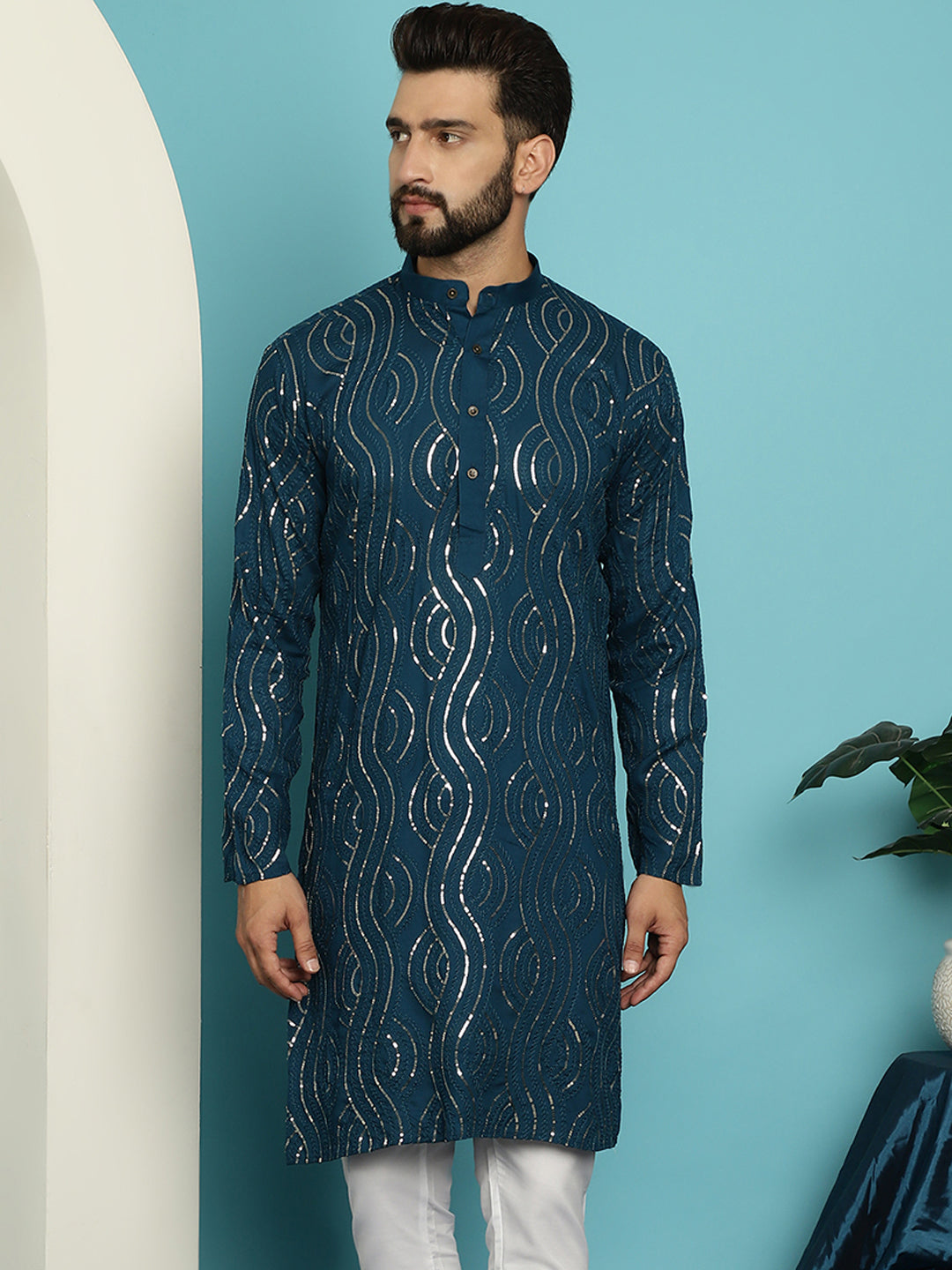 Men's Pure Cotton Teal Blue designer Kurta