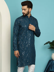 Men's Pure Cotton Teal Blue designer Kurta