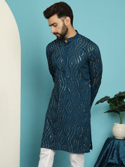 Men's Pure Cotton Teal Blue designer Kurta